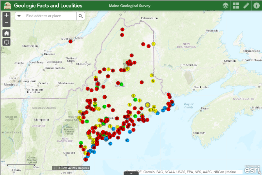 Maine geologic facts and localities map